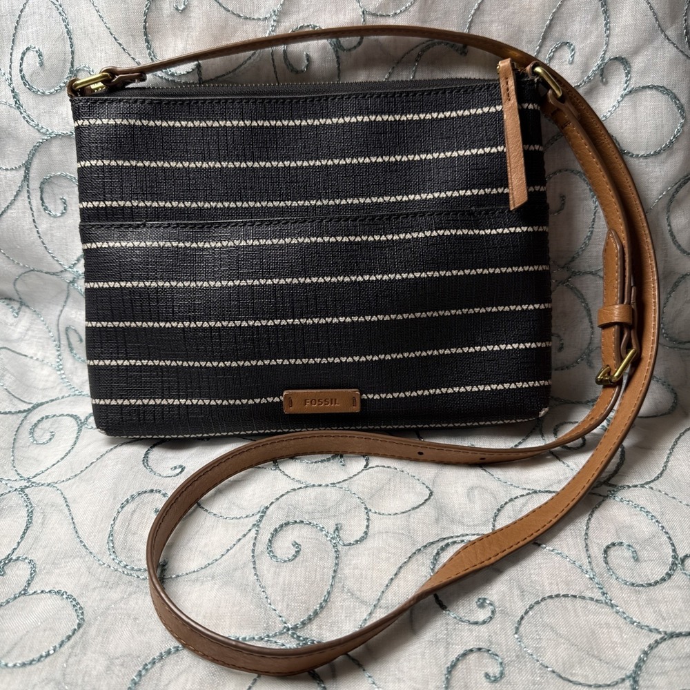 Fossil Black Striped Crossbody Purse Canvas Leather Trim